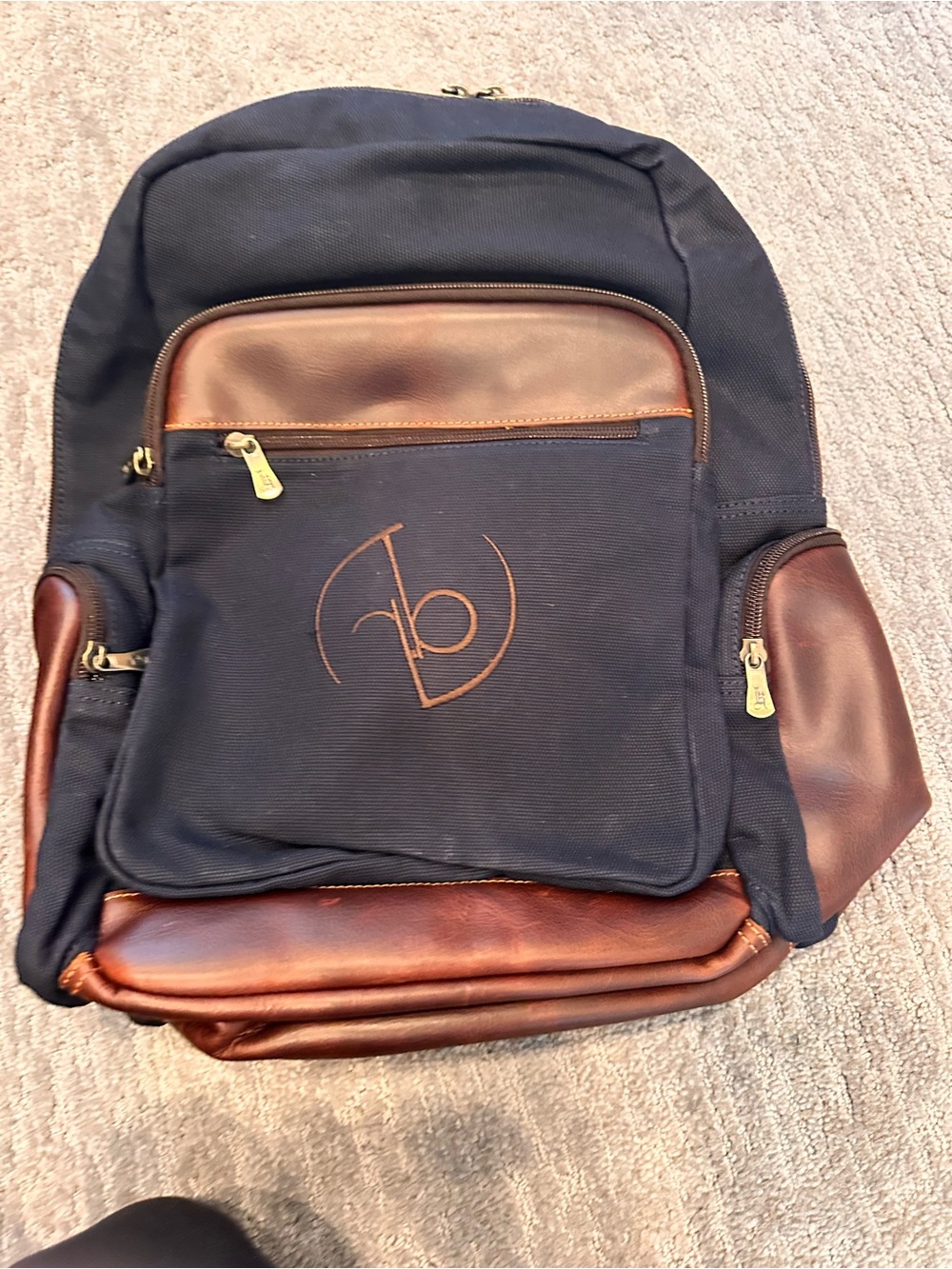 Navy and Brown Canvas Leather-Trim Backpack